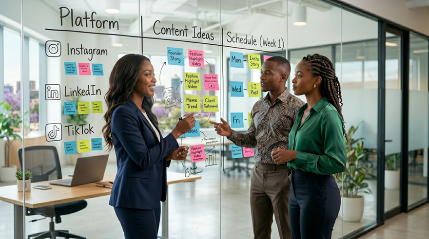 A marketing team planning platform content and social scheduling on a glass board.