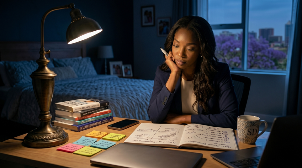 A strategist reviewing campaign notes in a focused evening workspace.