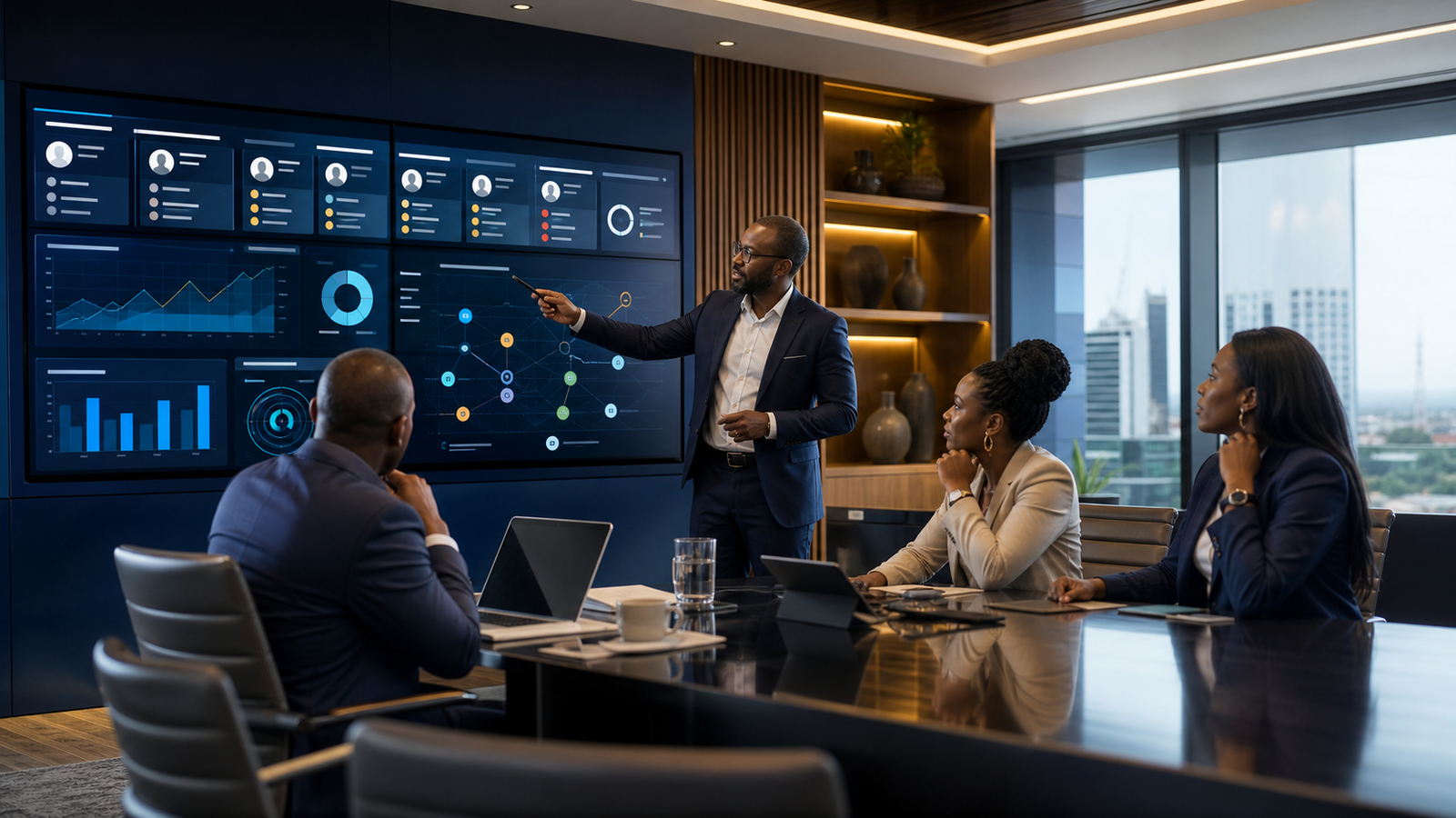 A competitor intelligence strategy room comparing market signals and tracked profile dashboards.