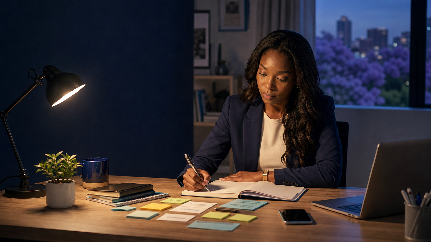 A professional African founder reviewing strategy notes in a private evening workspace.
